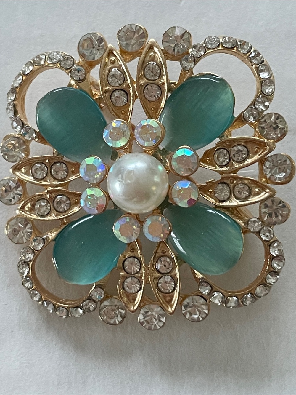 Gold-Tone Teal Flower Brooch with Pearl and Crystal Accents New